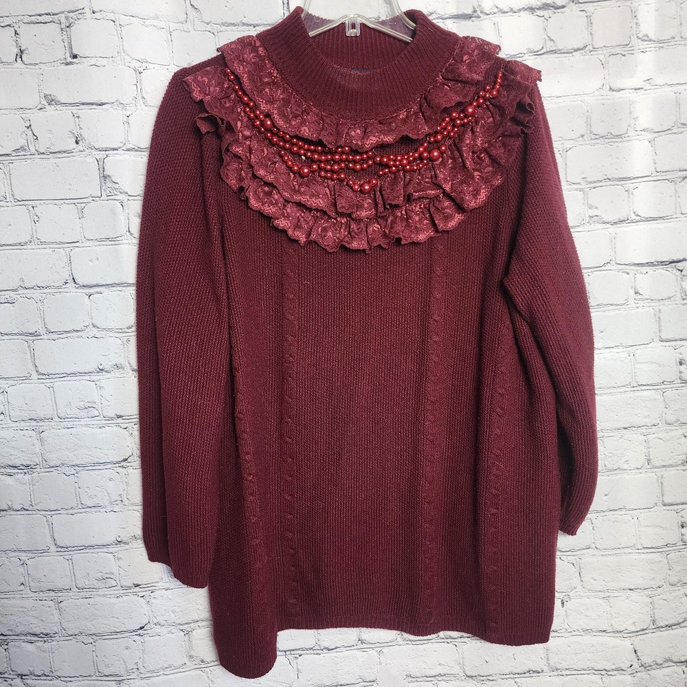 XXL | Vintage Y2K Burgundy Turtleneck Sweater with Burgundy Lace Ruffles